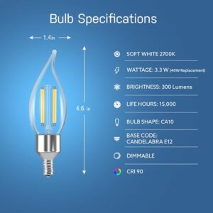 Feit Electric Smart LED Candle Wifi Bulb, Works with Alexa or Google Assistant, E12 base, No Hub, Flame Tip Filament Chandelier Light Bulb, 2700K Soft White, 4 Pack CFC40/927CA/FIL/AG/4