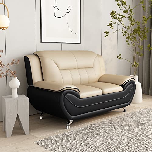 US Pride Furniture Michael Collection Modern Style Faux Leather Couch-Versatile 2 Seater Accent Piece for Living Room, Bedroom or Office-Comfortable Design and Elegant Look, 61.3 Loveseat, Black/Camel