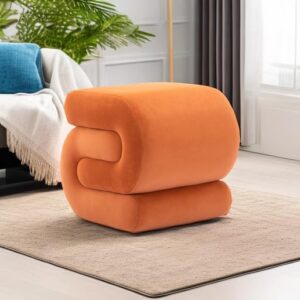 LETESA Modern Velvet Upholstered Ottoman, Exquisite Small End Table, Soft Foot Stool with S-Shape, Dressing Makeup Chair, Comfortable Seat for Living Room, Bedroom, Entrance (Orange, S-Shape)