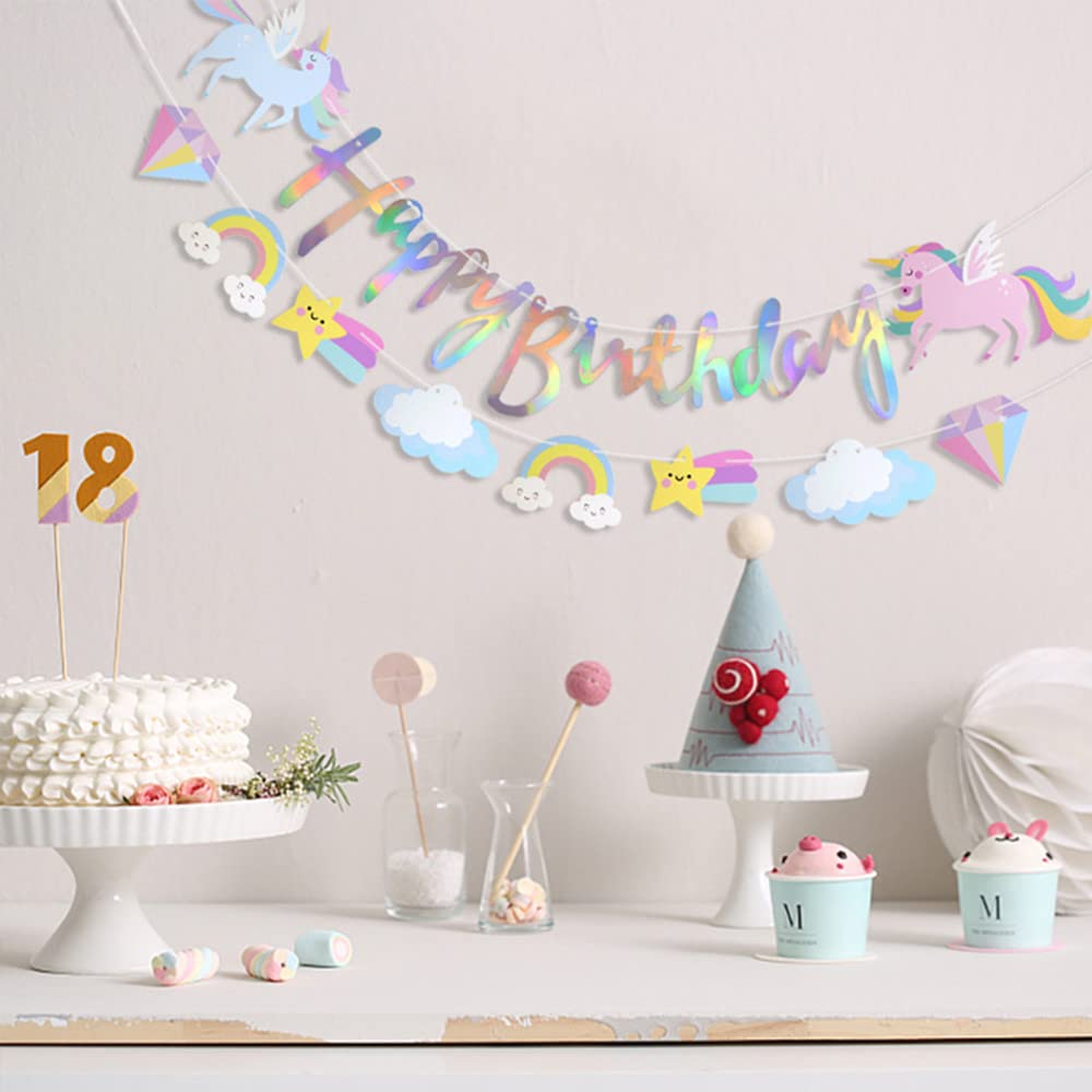 Unicorn Happy Birthday Banner with Sparkle Gold Glitter for Girls and Boys Cartoon Clouds Stars Rainbow Birthday Decorations Baby Shower Banner Unicorn Themed Party Supplies