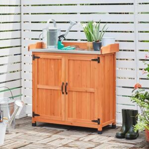 Topeakmart Potting Bench Table - Wooden Storage Cabinet with Removable Shelf & Flexible Space & Metal-Plated Tabletop for Outdoor Garden Patio,Brown