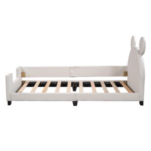 Bellemave Twin Upholstered Daybed with Carton Ears Shaped Headboard, Low Platform Bed Frame with Rails for Kids Girls Boys Teens, White