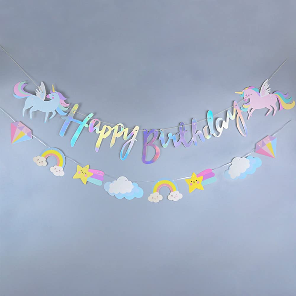 Unicorn Happy Birthday Banner with Sparkle Gold Glitter for Girls and Boys Cartoon Clouds Stars Rainbow Birthday Decorations Baby Shower Banner Unicorn Themed Party Supplies