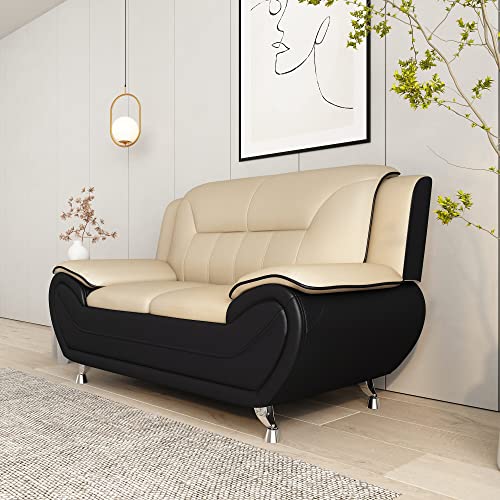 US Pride Furniture Michael Collection Modern Style Faux Leather Couch-Versatile 2 Seater Accent Piece for Living Room, Bedroom or Office-Comfortable Design and Elegant Look, 61.3 Loveseat, Black/Camel