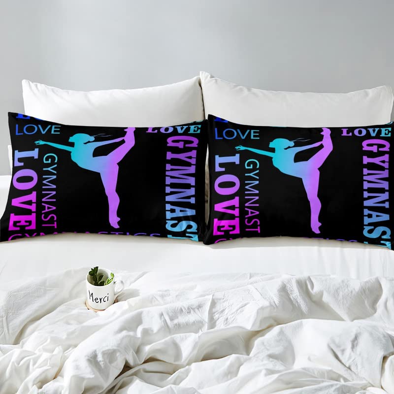 Feelyou Love Gymnastics Bedding Set for Girls Boys Children Floor Exercises Ballet Comforter Cover Decorative Athletics Duvet Cover Neon Blue Purple Bedspread Cover Twin Size 2Pcs Bedclothes