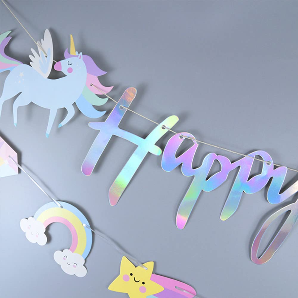 Unicorn Happy Birthday Banner with Sparkle Gold Glitter for Girls and Boys Cartoon Clouds Stars Rainbow Birthday Decorations Baby Shower Banner Unicorn Themed Party Supplies