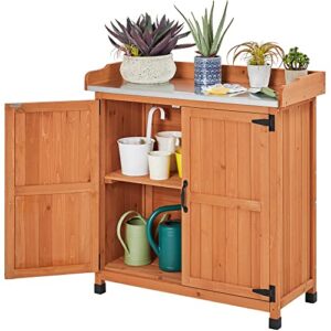 Topeakmart Potting Bench Table - Wooden Storage Cabinet with Removable Shelf & Flexible Space & Metal-Plated Tabletop for Outdoor Garden Patio,Brown