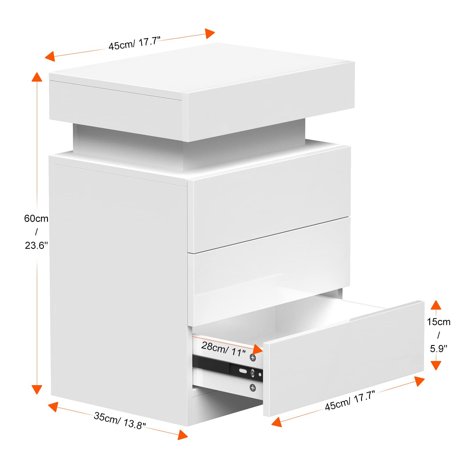 YILQQPER Nightstand with LED Lights, 3 Drawers and 1 Flapping Top Storage Box, White Night Stand for Bedroom, Modern Tall Bedside Table with High Gloss Panel, Glacier White