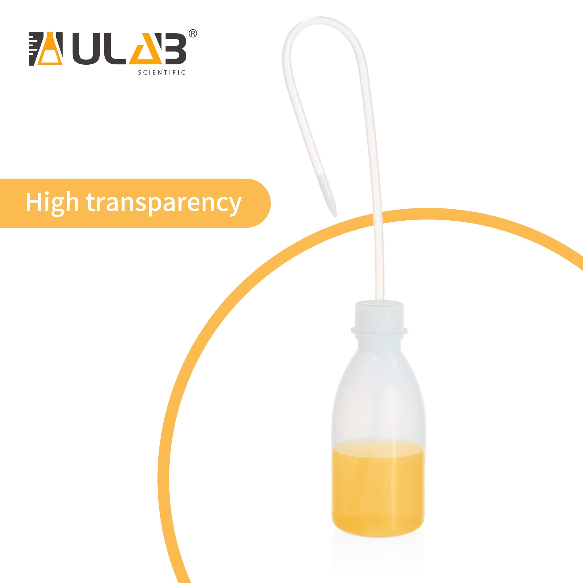 ULAB 6pcs of Vol.250ml (8oz) Wash Bottles, Narrow Mouth Squeeze Bottles, LDPE material, with Long Dispensing Tube, UWB1025