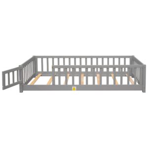 Twin Floor Bed for Kids, Montessori Bed Frame with Fence-Shaped Guardrails, Support Slats and Door, Wood Floor Twin Bed for Kids,Toddler,Boys Girls, No Box Spring Needed(Gray, Twin Bed Frame)