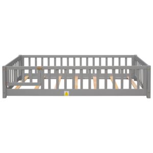 Twin Floor Bed for Kids, Montessori Bed Frame with Fence-Shaped Guardrails, Support Slats and Door, Wood Floor Twin Bed for Kids,Toddler,Boys Girls, No Box Spring Needed(Gray, Twin Bed Frame)