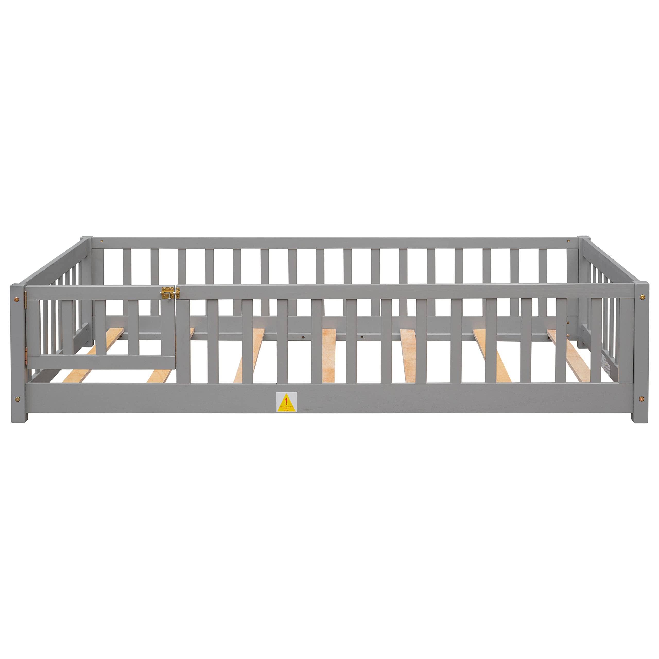 Twin Floor Bed for Kids, Montessori Bed Frame with Fence-Shaped Guardrails, Support Slats and Door, Wood Floor Twin Bed for Kids,Toddler,Boys Girls, No Box Spring Needed(Gray, Twin Bed Frame)