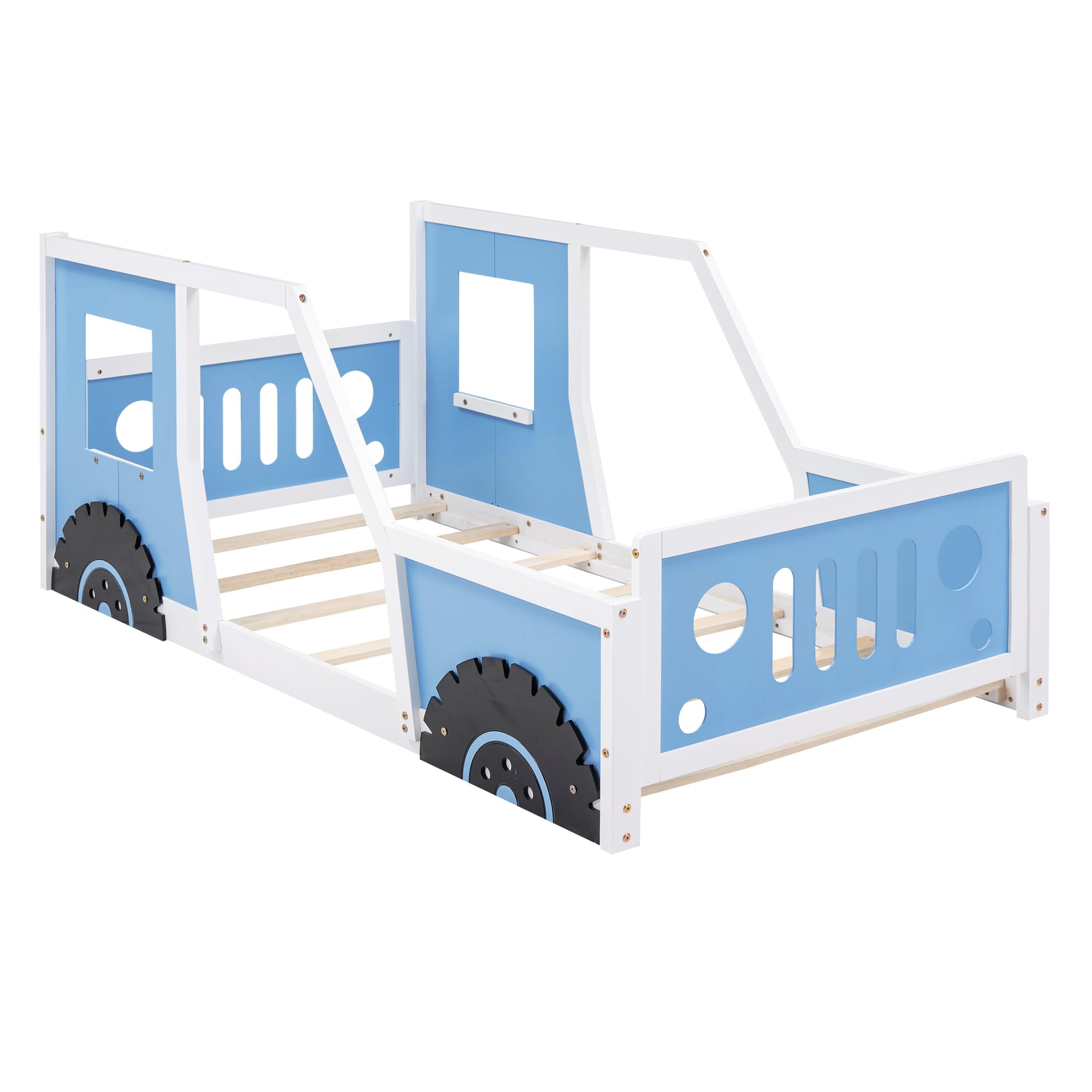 Kids Floor Bed Twin Size Platform Bed with Car-Shaped and Wheels, Wooden Twin Bed Frames with Doors and Windows, Twin Car Bed with Slat Support for Kids Boys Girls, No Box Spring Needed,Blue