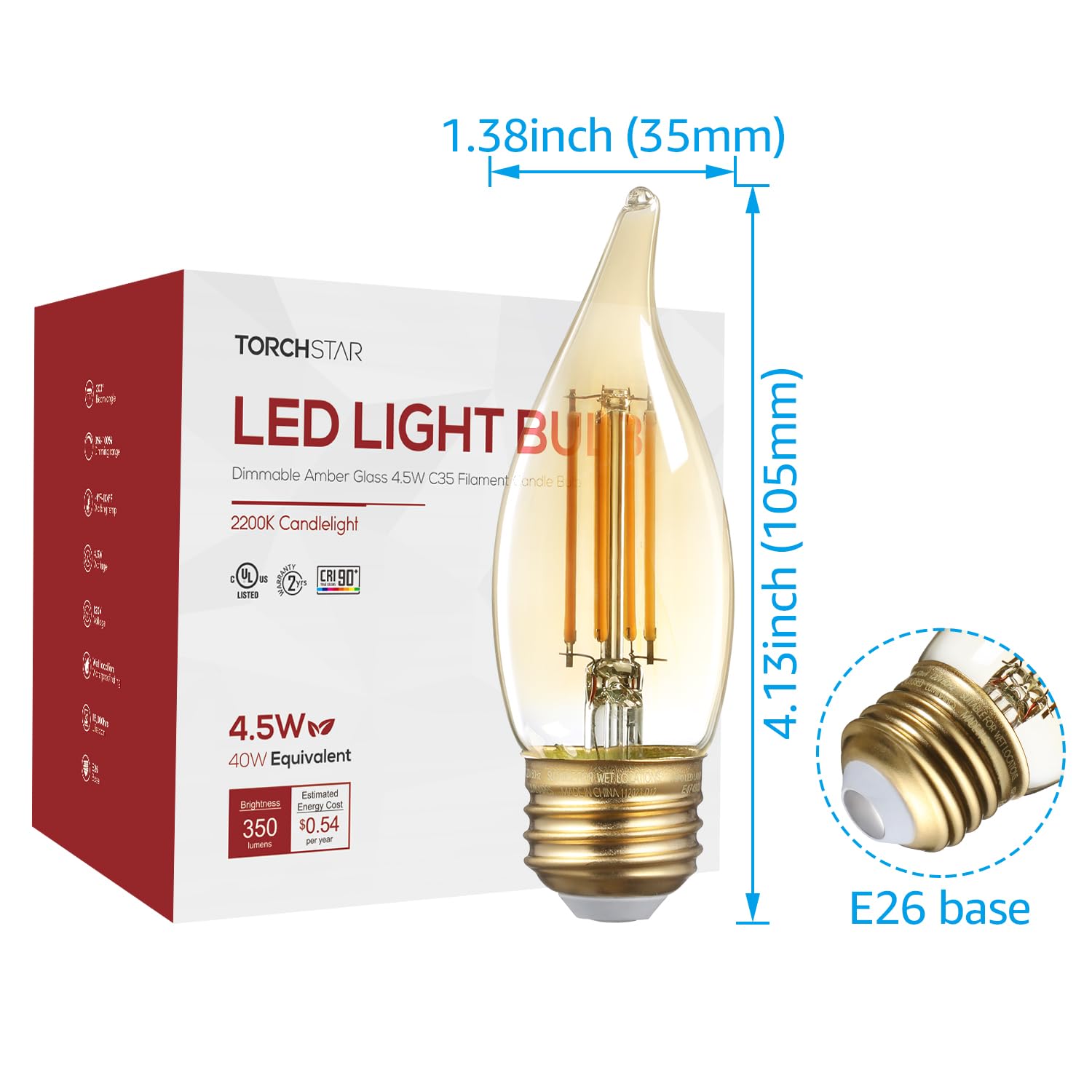 TORCHSTAR Dimmable E26 LED Candelabra Bulbs, C35 LED Chandelier Light Bulb, UL Listed, 2200K Amber Warm, 4.5W(40W Eqv.), 350lm, Ceiling Fan Light Bulbs, Damp Location, 2 Years Warranty, Pack of 6