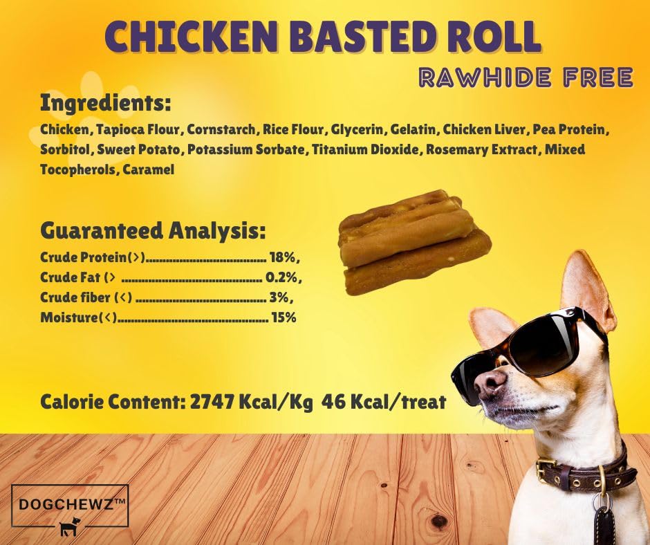 DOGCHEWZ™ Rawhide Free Basted Roll Chicken Wrapped Dog Chew Treats | Size 5 Inch (8 Count/Bag) - Gluten Free