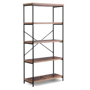 Giantex Industrial 5-Tier Wood Bookshelf - 63’’ Tall Open Storage Organizer Shelves with Anti-Tipping Device and Foot Pads, Steel Frame Bookcase Display Rack for Living Room, Bedroom, Office, Brown