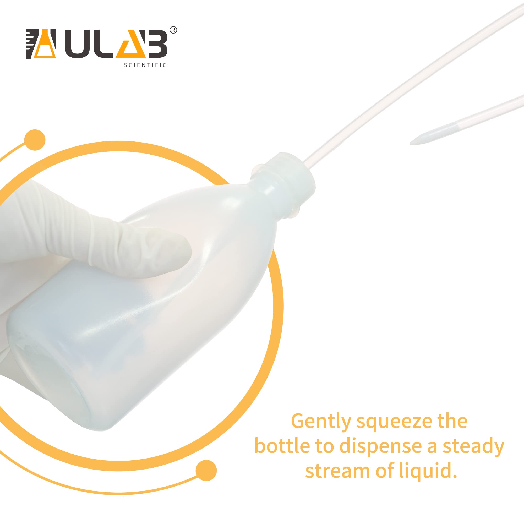 ULAB 6pcs of Vol.250ml (8oz) Wash Bottles, Narrow Mouth Squeeze Bottles, LDPE material, with Long Dispensing Tube, UWB1025