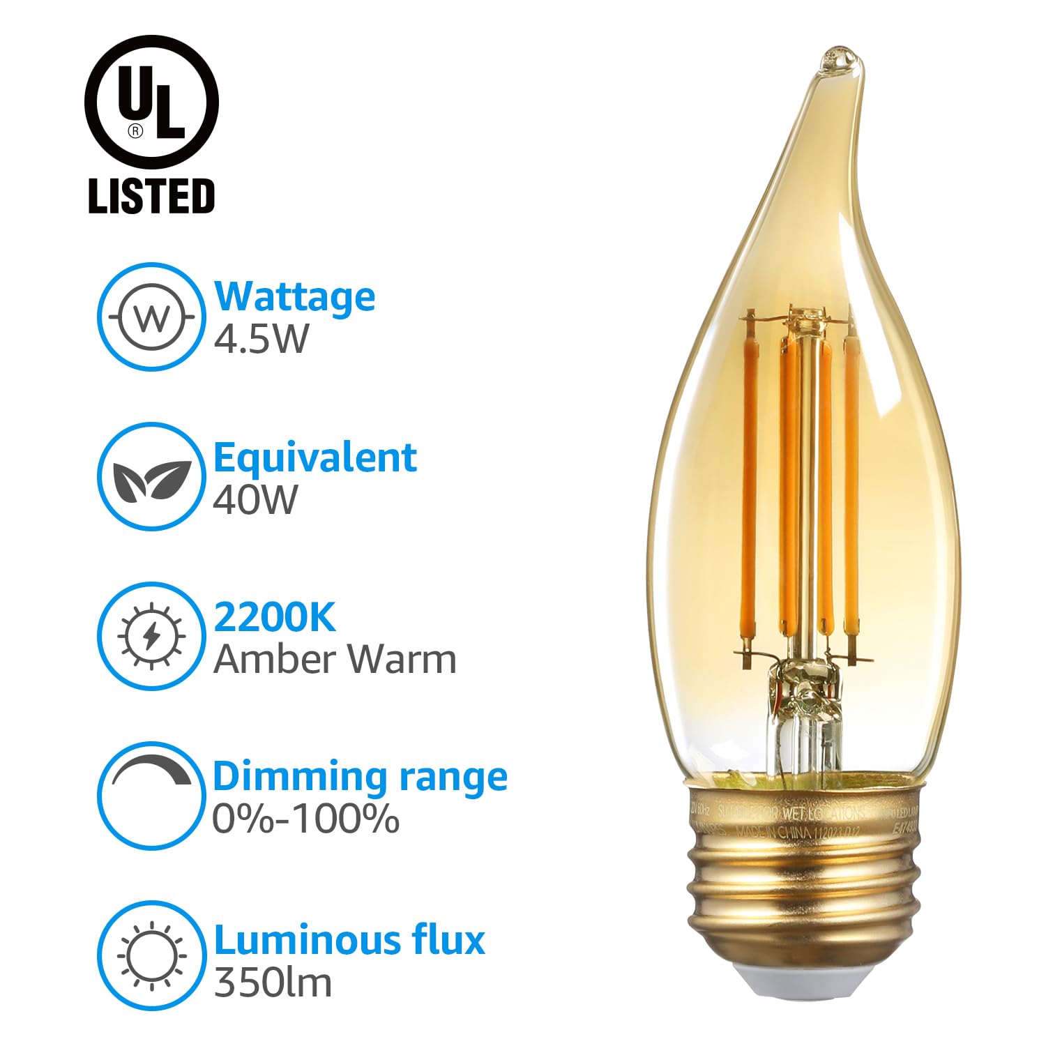 TORCHSTAR Dimmable E26 LED Candelabra Bulbs, C35 LED Chandelier Light Bulb, UL Listed, 2200K Amber Warm, 4.5W(40W Eqv.), 350lm, Ceiling Fan Light Bulbs, Damp Location, 2 Years Warranty, Pack of 6