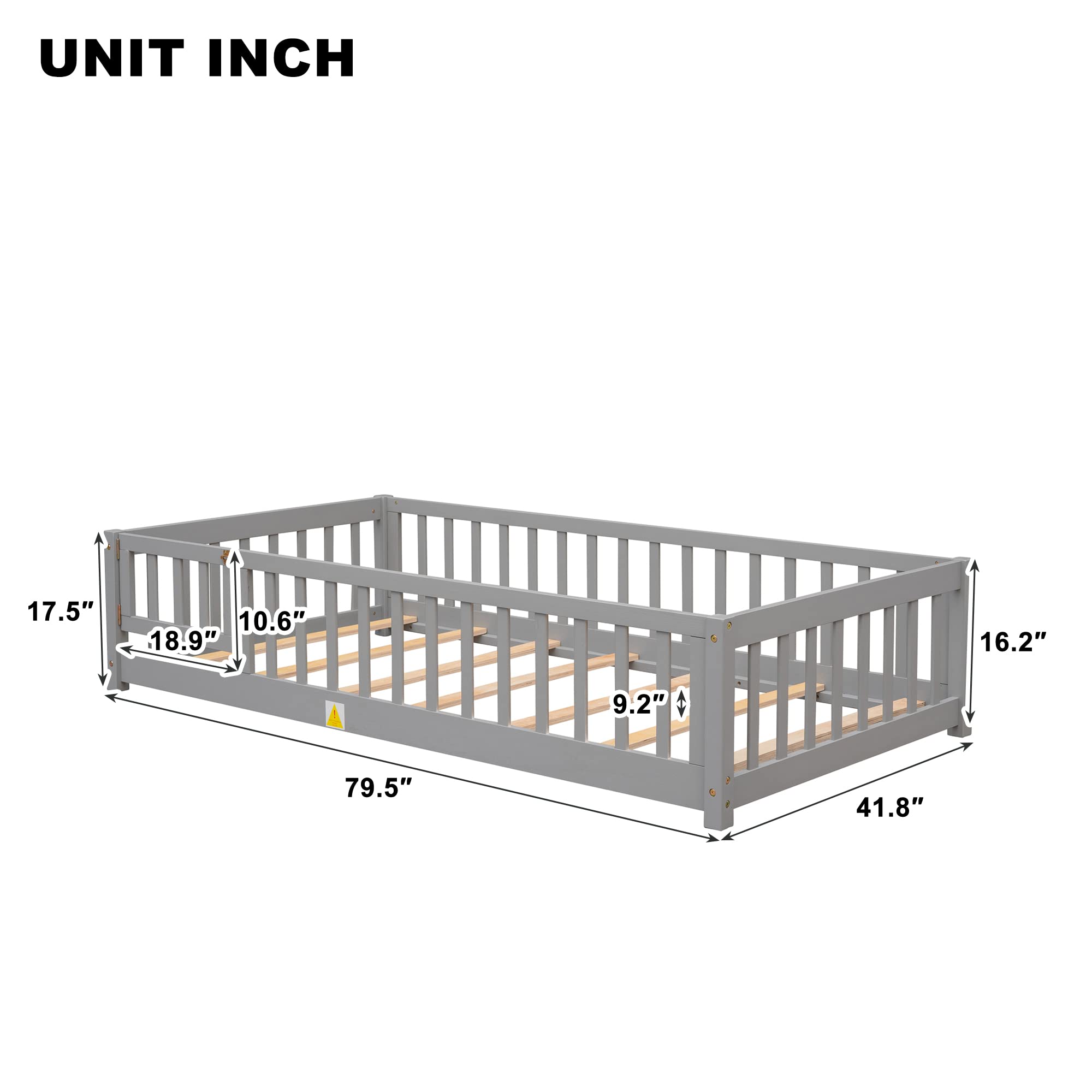 Twin Floor Bed for Kids, Montessori Bed Frame with Fence-Shaped Guardrails, Support Slats and Door, Wood Floor Twin Bed for Kids,Toddler,Boys Girls, No Box Spring Needed(Gray, Twin Bed Frame)