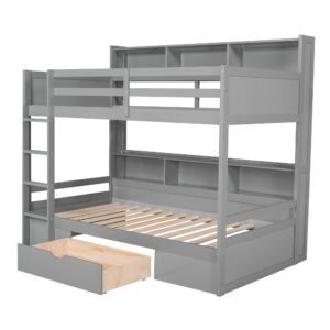 Polibi Twin Over Twin Bunk Bed with Built-in Shelves Beside Both Upper and Down Bed and Storage Drawer, Twin Size Wooden Bunk Bed with Guardrails and Ladder