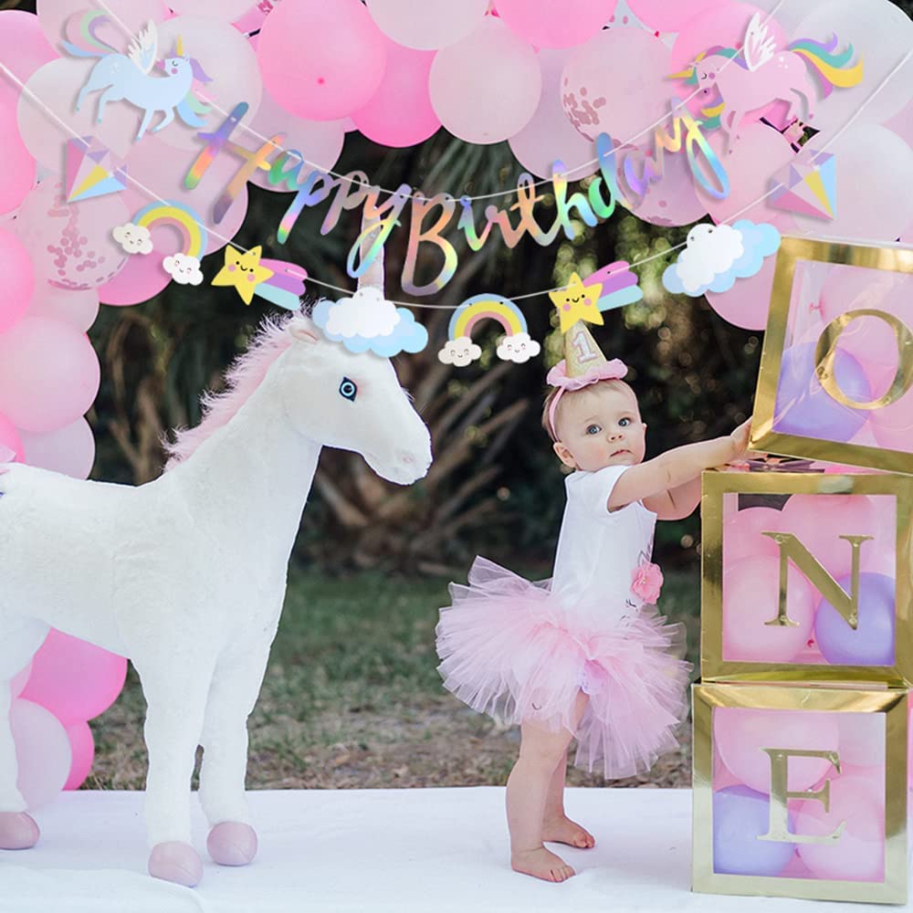 Unicorn Happy Birthday Banner with Sparkle Gold Glitter for Girls and Boys Cartoon Clouds Stars Rainbow Birthday Decorations Baby Shower Banner Unicorn Themed Party Supplies