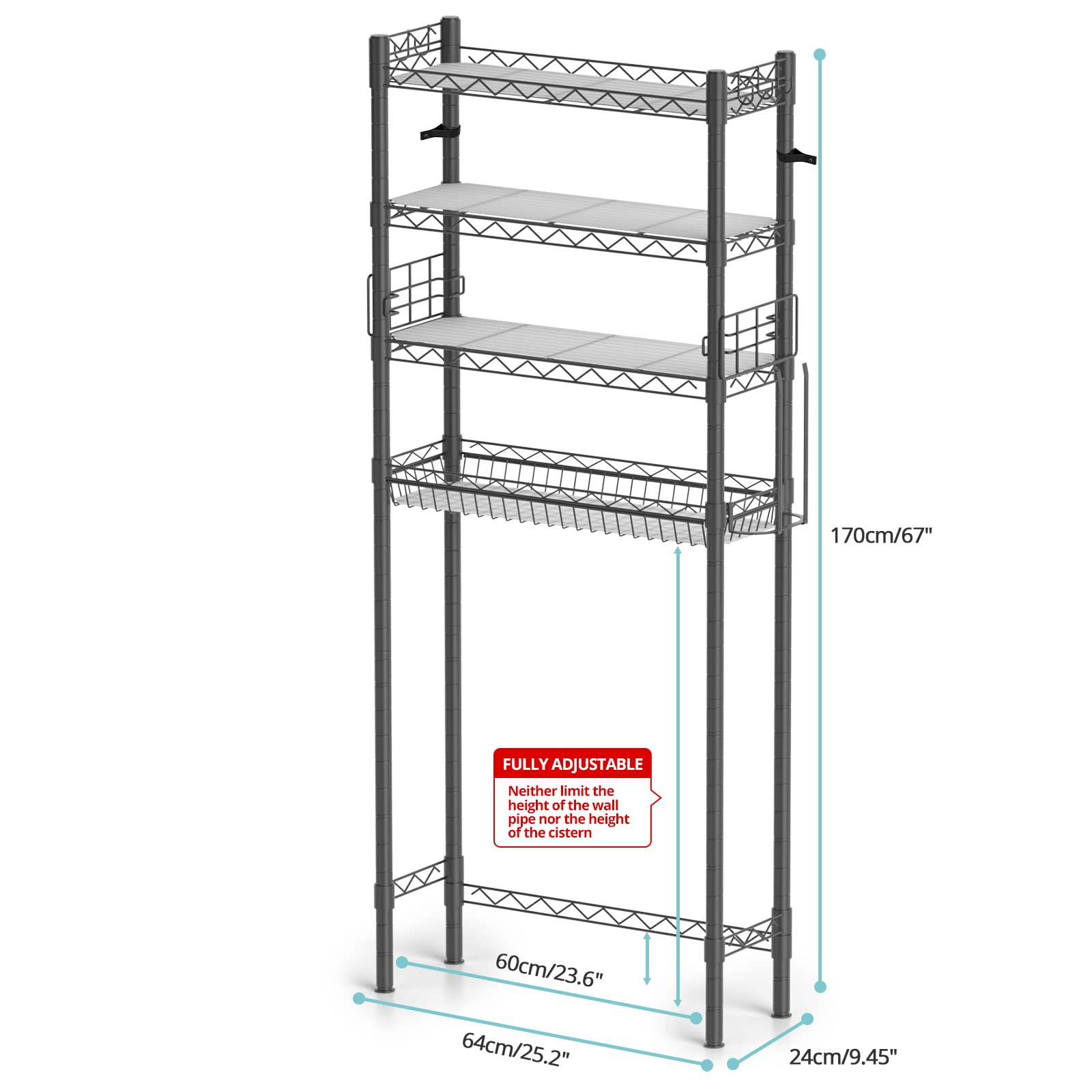 Hodonas Bathroom Organizer Over Toilet Storage, 4-Tier Toilet Shelf Bathroom Shelves Over Toilet, Above Toilet Storage Rack Bathroom Space Saver, Gray