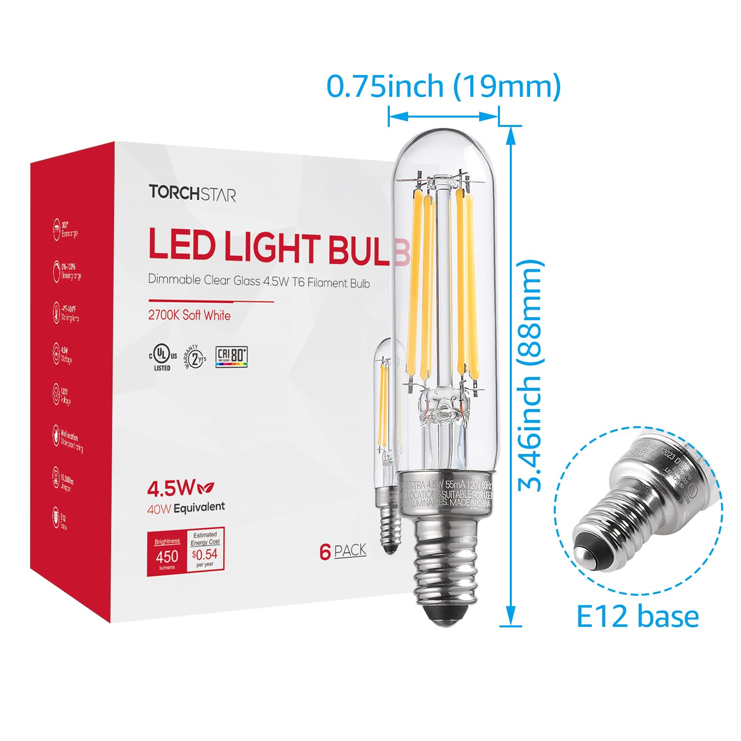 TORCHSTAR 12-Pack T6 LED Bulb, Dimmable Tubular Light Bulb 40 Watt, E12 Candelabra Bulb, 450lm, UL Listed, Edison Filament Light Bulbs for Chandelier, Ceiling Fan, Clear Glass, 2700K Soft White