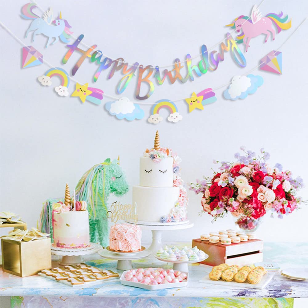 Unicorn Happy Birthday Banner with Sparkle Gold Glitter for Girls and Boys Cartoon Clouds Stars Rainbow Birthday Decorations Baby Shower Banner Unicorn Themed Party Supplies