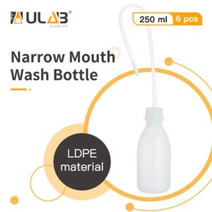 ULAB 6pcs of Vol.250ml (8oz) Wash Bottles, Narrow Mouth Squeeze Bottles, LDPE material, with Long Dispensing Tube, UWB1025