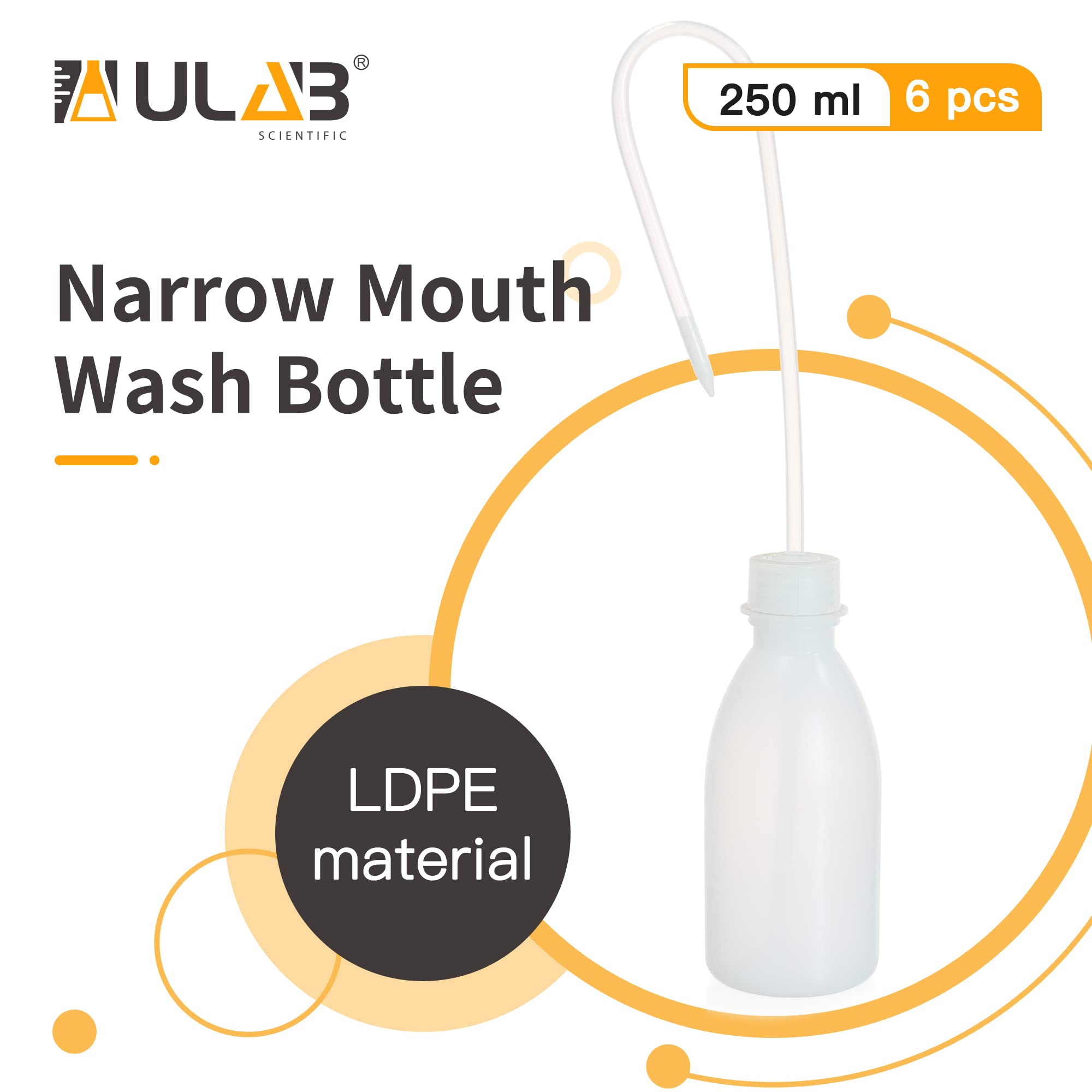 ULAB 6pcs of Vol.250ml (8oz) Wash Bottles, Narrow Mouth Squeeze Bottles, LDPE material, with Long Dispensing Tube, UWB1025