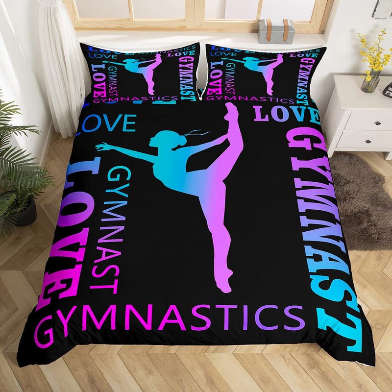 Feelyou Love Gymnastics Bedding Set for Girls Boys Children Floor Exercises Ballet Comforter Cover Decorative Athletics Duvet Cover Neon Blue Purple Bedspread Cover Twin Size 2Pcs Bedclothes