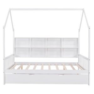 Full Size House Bed with Trundle and Storage Shelves, Montessori Bed, Full Platform Bed Frame with Roof, Tent Bed, Solid Wood Playhouse Bed for Kids Teens Girls Boys (Full, White)