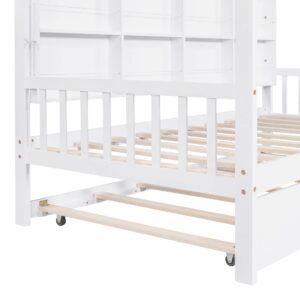 Twin House Bed with Trundle and Storage Shelves, Montessori Bed, Twin Platform Bed Frame with Roof, Tent Bed, Solid Wood Playhouse Bed for Kids Teens Girls Boys (Twin Size, White)