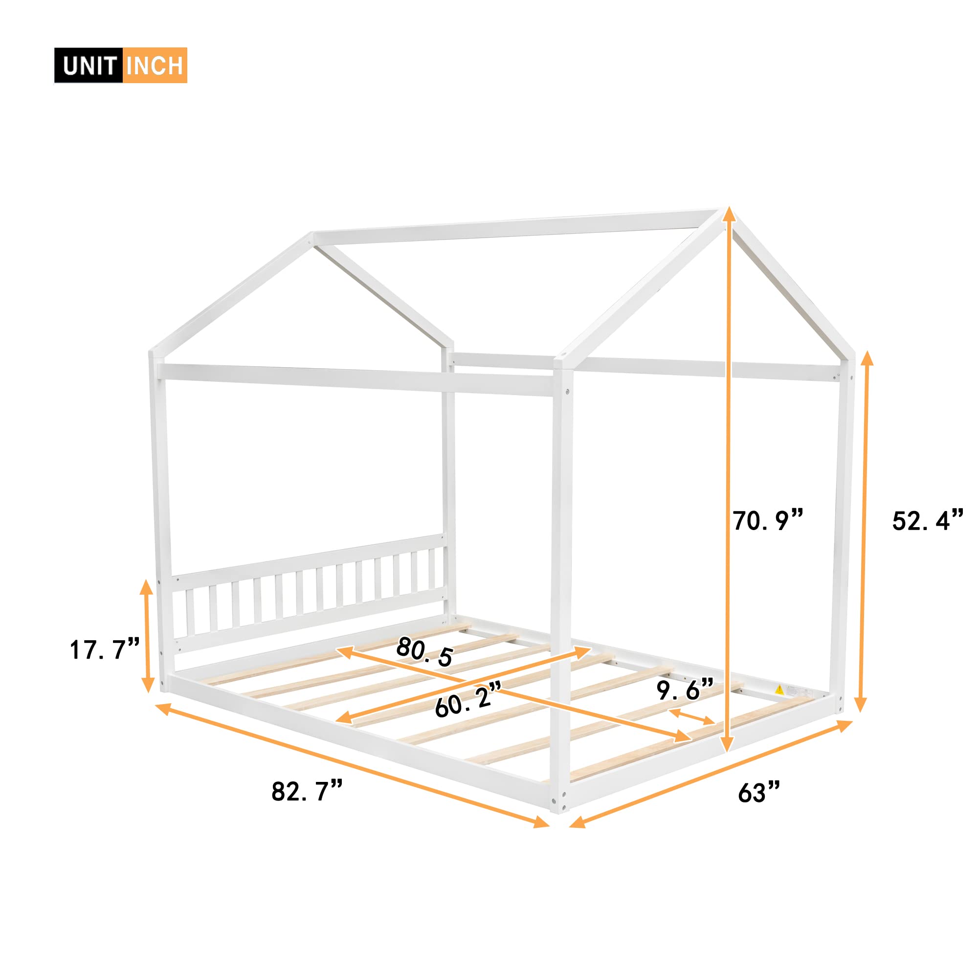 MERITLINE Kids Queen Size House Bed Frame, Wooden Double Floor Bed with Headboard for Kids, Montessori Bed with Support Slats for Boys Girls Toddlers (White)