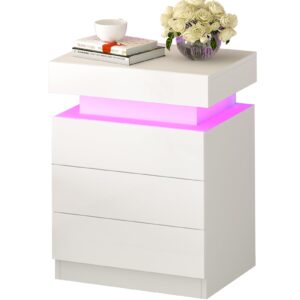 YILQQPER Nightstand with LED Lights, 3 Drawers and 1 Flapping Top Storage Box, White Night Stand for Bedroom, Modern Tall Bedside Table with High Gloss Panel, Glacier White