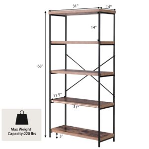 Giantex Industrial 5-Tier Wood Bookshelf - 63’’ Tall Open Storage Organizer Shelves with Anti-Tipping Device and Foot Pads, Steel Frame Bookcase Display Rack for Living Room, Bedroom, Office, Brown