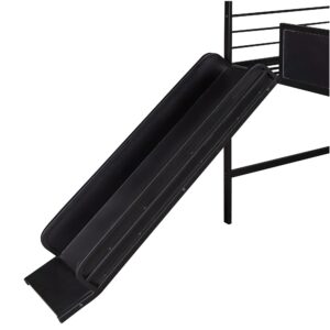 Twin House Loft Beds with Slide and Chalkboard, Low Loft Bed Twin Size, Metal House Bed with Guardrail and Ladder, Metal Twin Size Loft Bed for Kids Teens Girls Boys (Twin, Black)