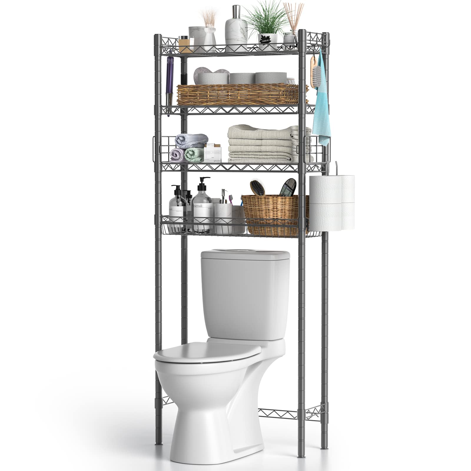 Hodonas Bathroom Organizer Over Toilet Storage, 4-Tier Toilet Shelf Bathroom Shelves Over Toilet, Above Toilet Storage Rack Bathroom Space Saver, Gray