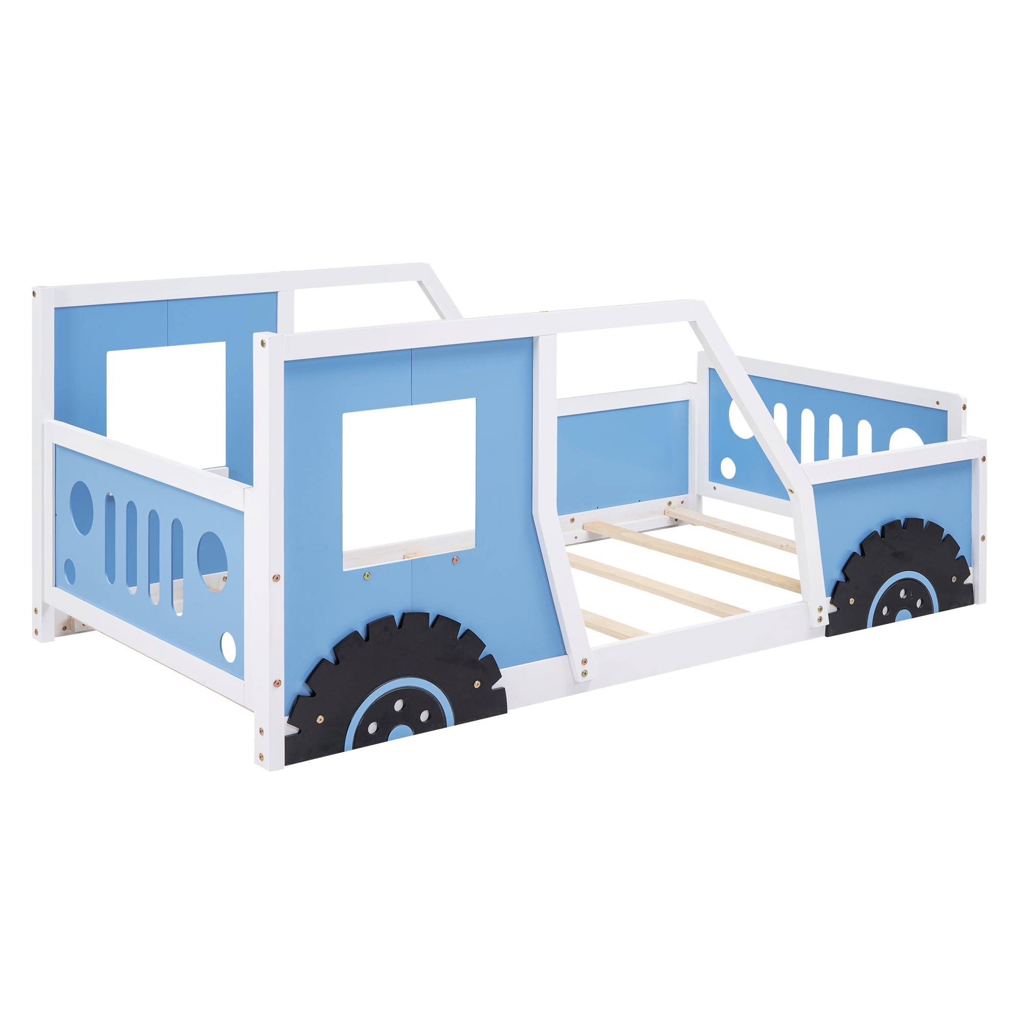 Kids Floor Bed Twin Size Platform Bed with Car-Shaped and Wheels, Wooden Twin Bed Frames with Doors and Windows, Twin Car Bed with Slat Support for Kids Boys Girls, No Box Spring Needed,Blue