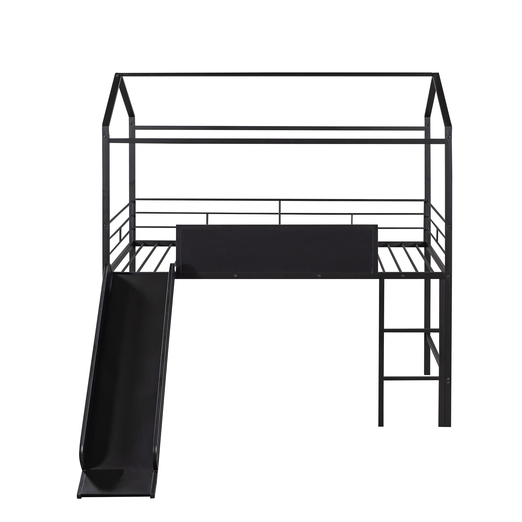 Twin House Loft Beds with Slide and Chalkboard, Low Loft Bed Twin Size, Metal House Bed with Guardrail and Ladder, Metal Twin Size Loft Bed for Kids Teens Girls Boys (Twin, Black)