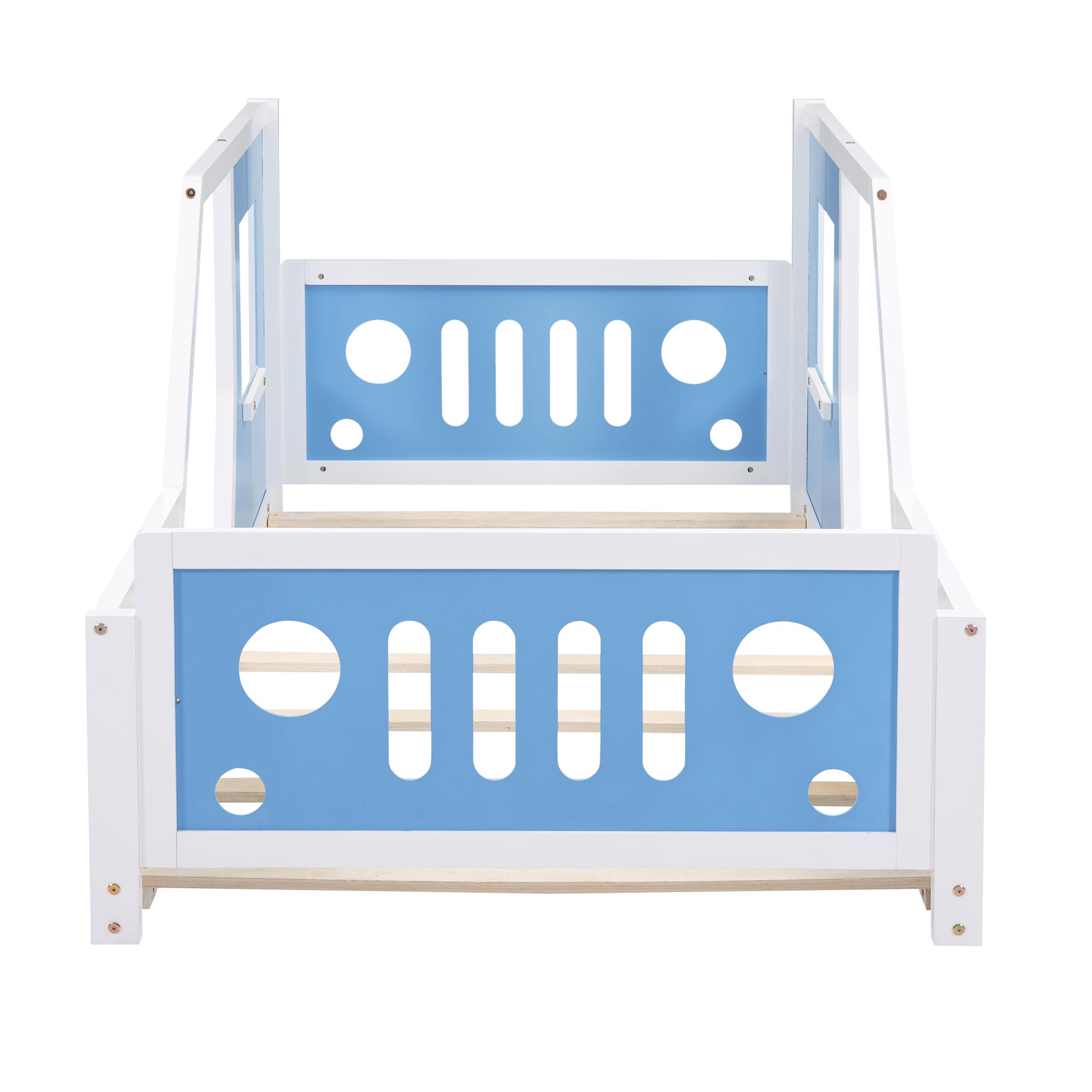 Kids Floor Bed Twin Size Platform Bed with Car-Shaped and Wheels, Wooden Twin Bed Frames with Doors and Windows, Twin Car Bed with Slat Support for Kids Boys Girls, No Box Spring Needed,Blue