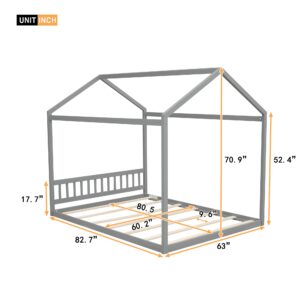 Harper & Bright Designs Queen Size House Bed Frame,Wooden Montessori Bed Queen Bed Frame with Headboard, Kids Floor Bed for Girls Boys Bedroom Furniture, No Box Spring Needed,Grey