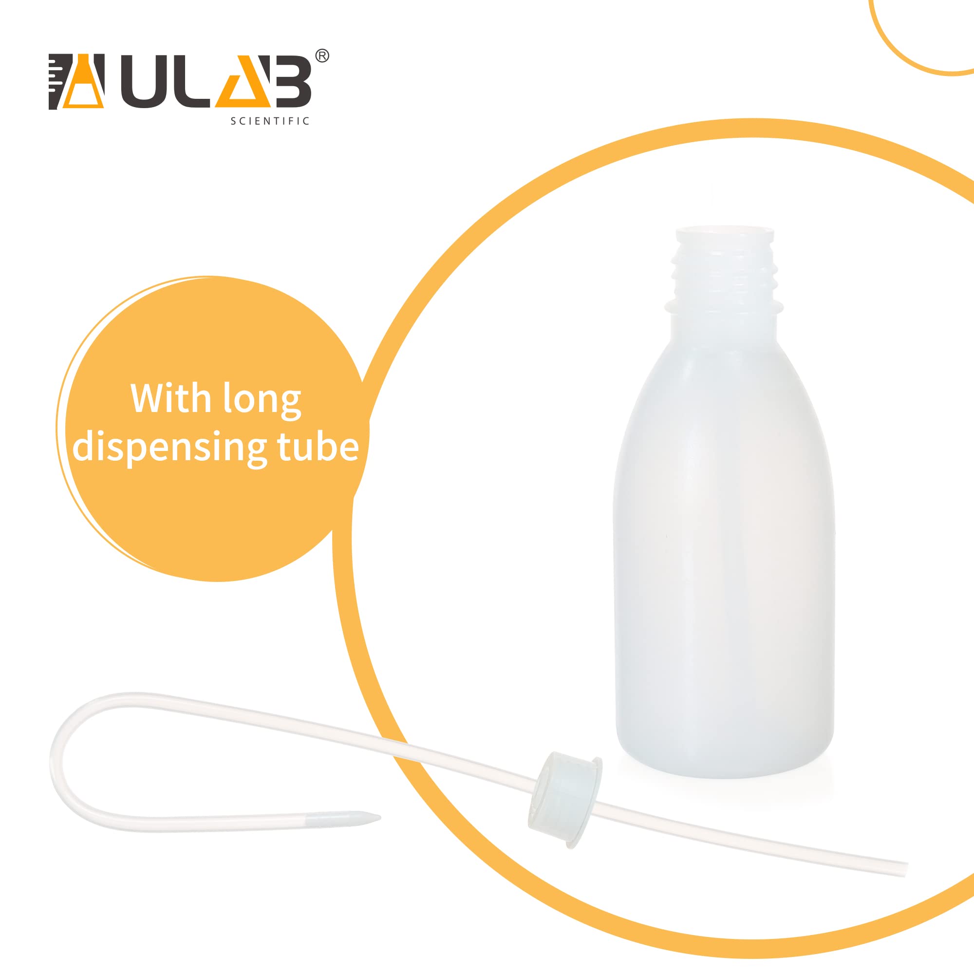 ULAB 6pcs of Vol.250ml (8oz) Wash Bottles, Narrow Mouth Squeeze Bottles, LDPE material, with Long Dispensing Tube, UWB1025