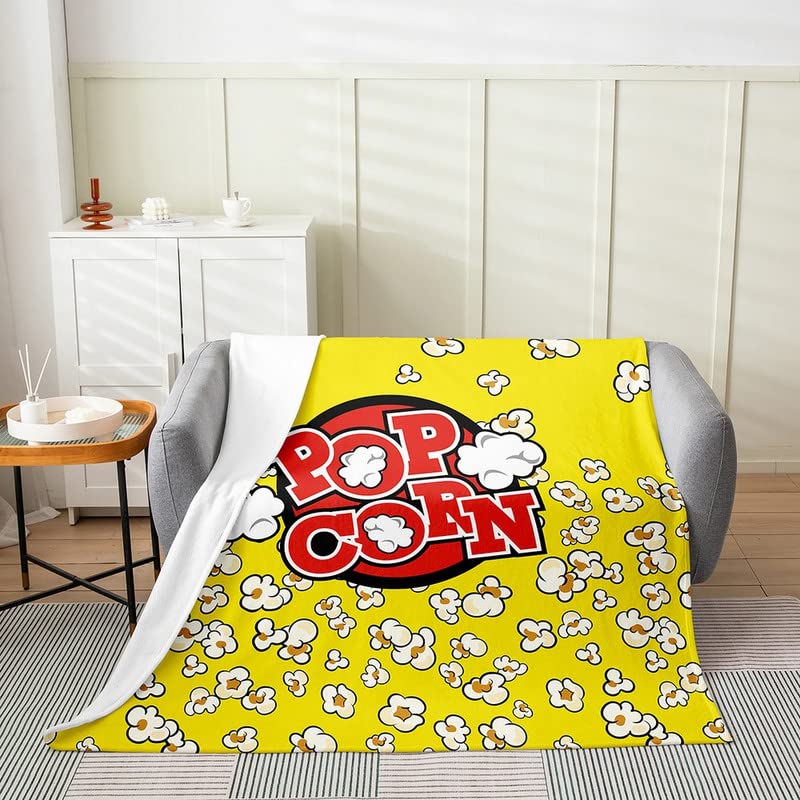 Popcorn Yellow Flannel Fleece Throw Blanket Kids,Cinema Poster Print Fuzzy Blanket for Bed Sofa Couch,Old Fashion Home Decor Bed Blanket Breathable Plush Blanket Room Decor 40"x50"