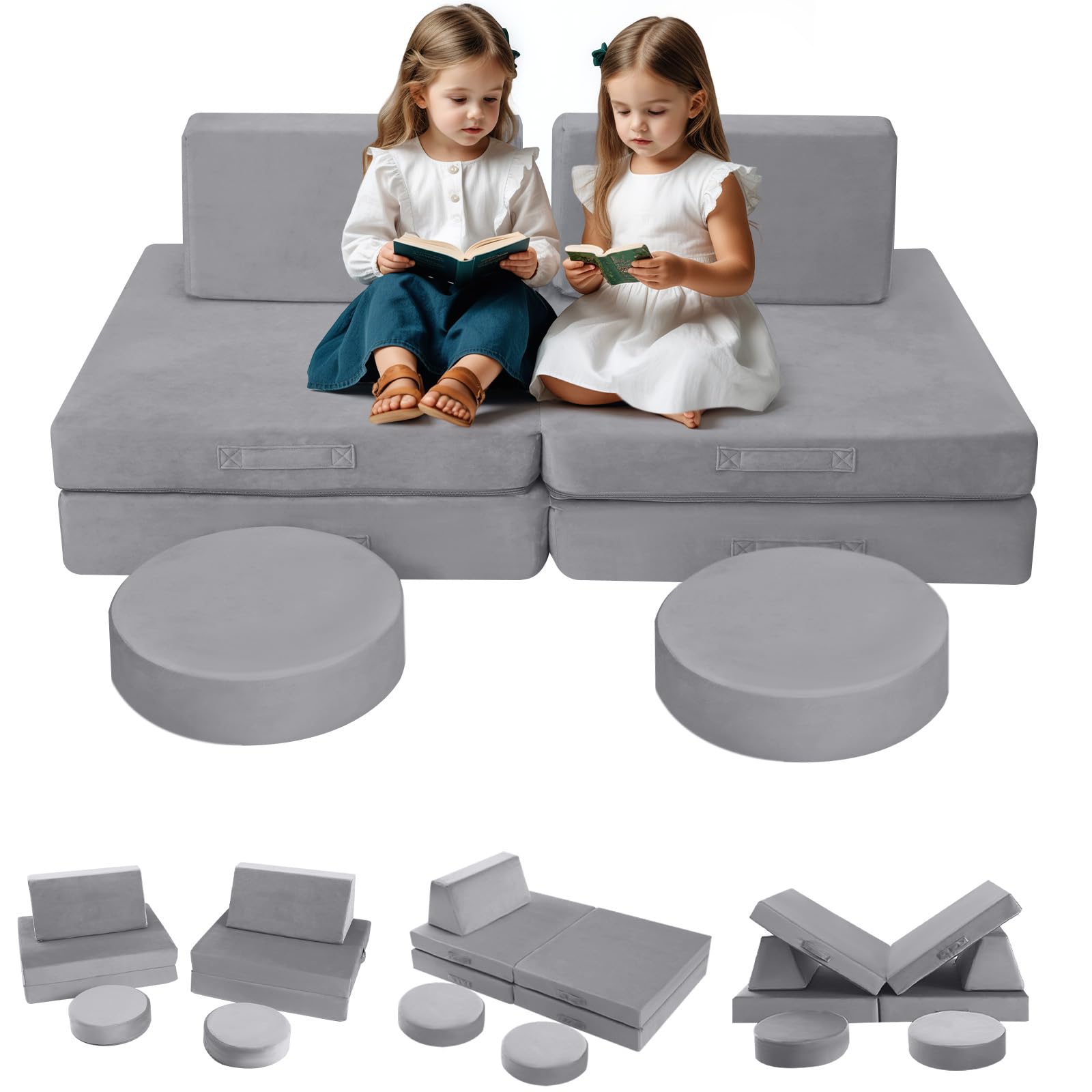 MeMoreCool Kids Couch for Playroom, Modular Kids Play Couch for Toddlers, Kids Couch Building Fort, Foam Couch for Kids Explorer Sofa, Grey