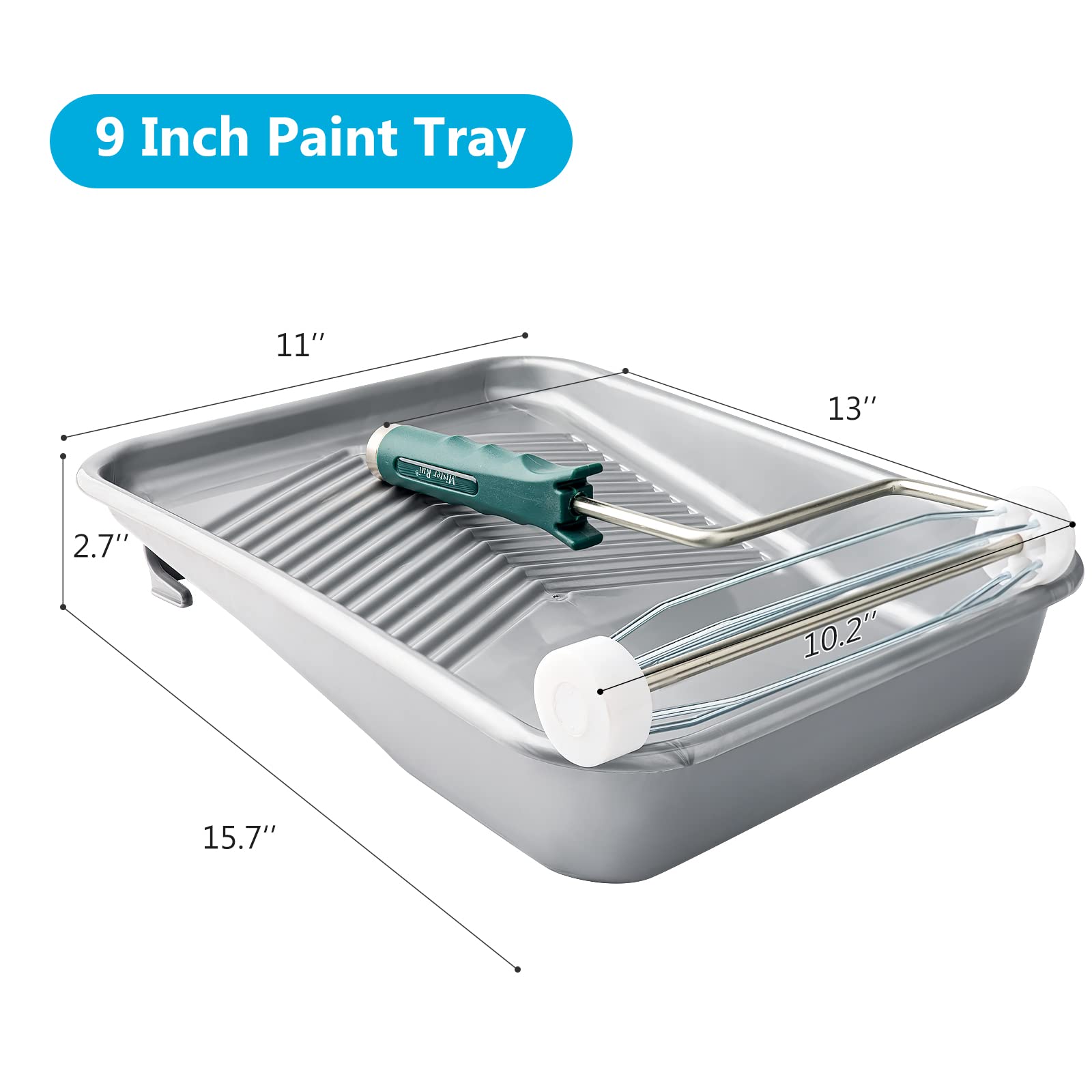 Mister Rui Paint Tray 9 Inch, Paint Tray Liners 10pcs, Paint Roller Tray, Disposable Paint Tray Liners, with 5 Wire Cage Roller Frame, for 9 Inch Paint Rollers, Silver Plastic Paint Tray Large