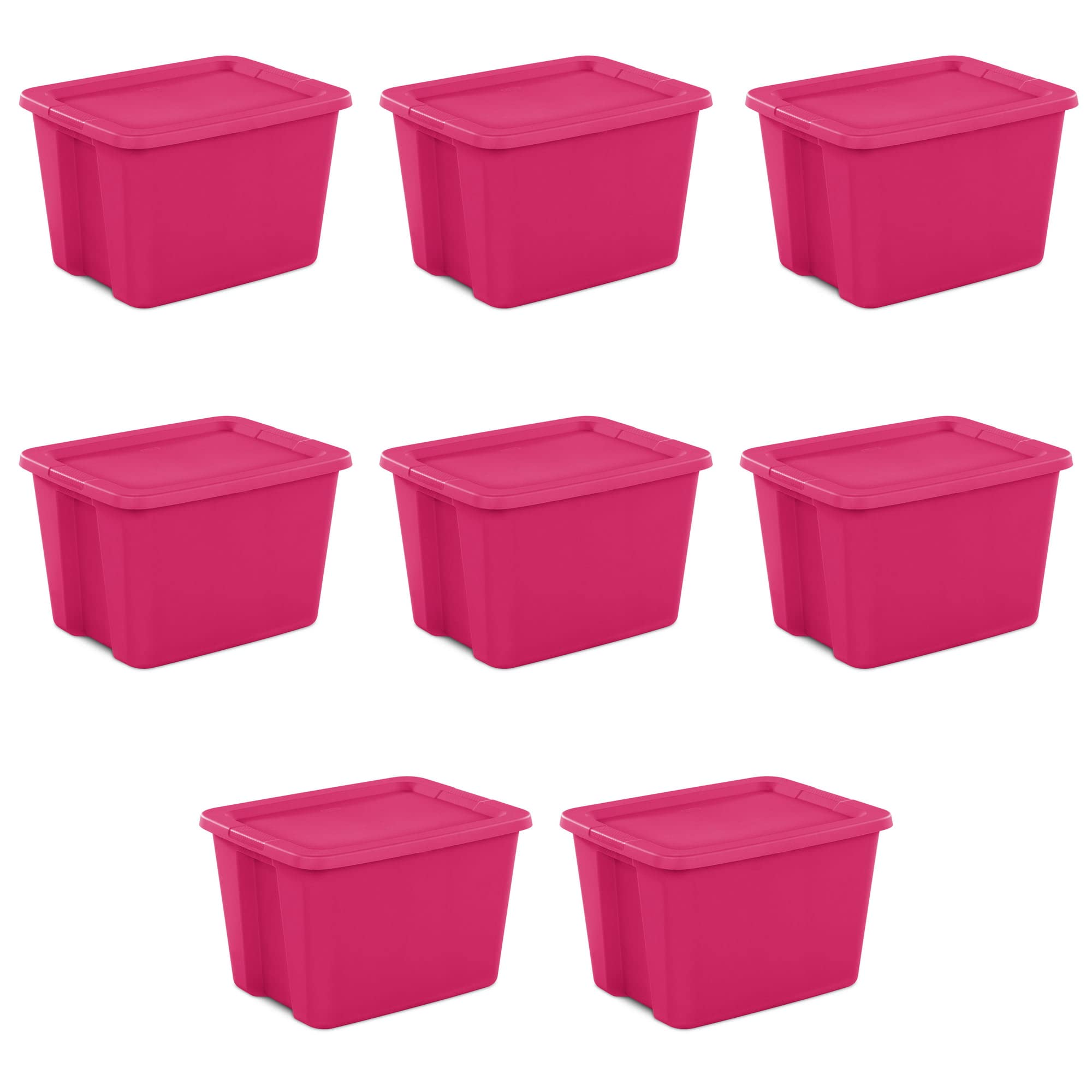 ouyoo Plastic Storage Bin 18 Gallon Storage Tote Organizing Container with Durable Lid , Stackable and Nestable, Great for Garage Storage, Office Supplies, Clothes, Moving Boxes, 8 Pack（Fuchsia ）