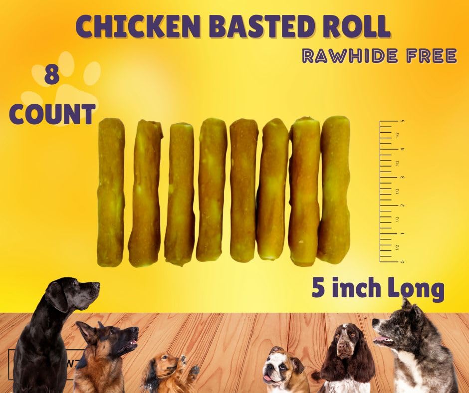 DOGCHEWZ™ Rawhide Free Basted Roll Chicken Wrapped Dog Chew Treats | Size 5 Inch (8 Count/Bag) - Gluten Free