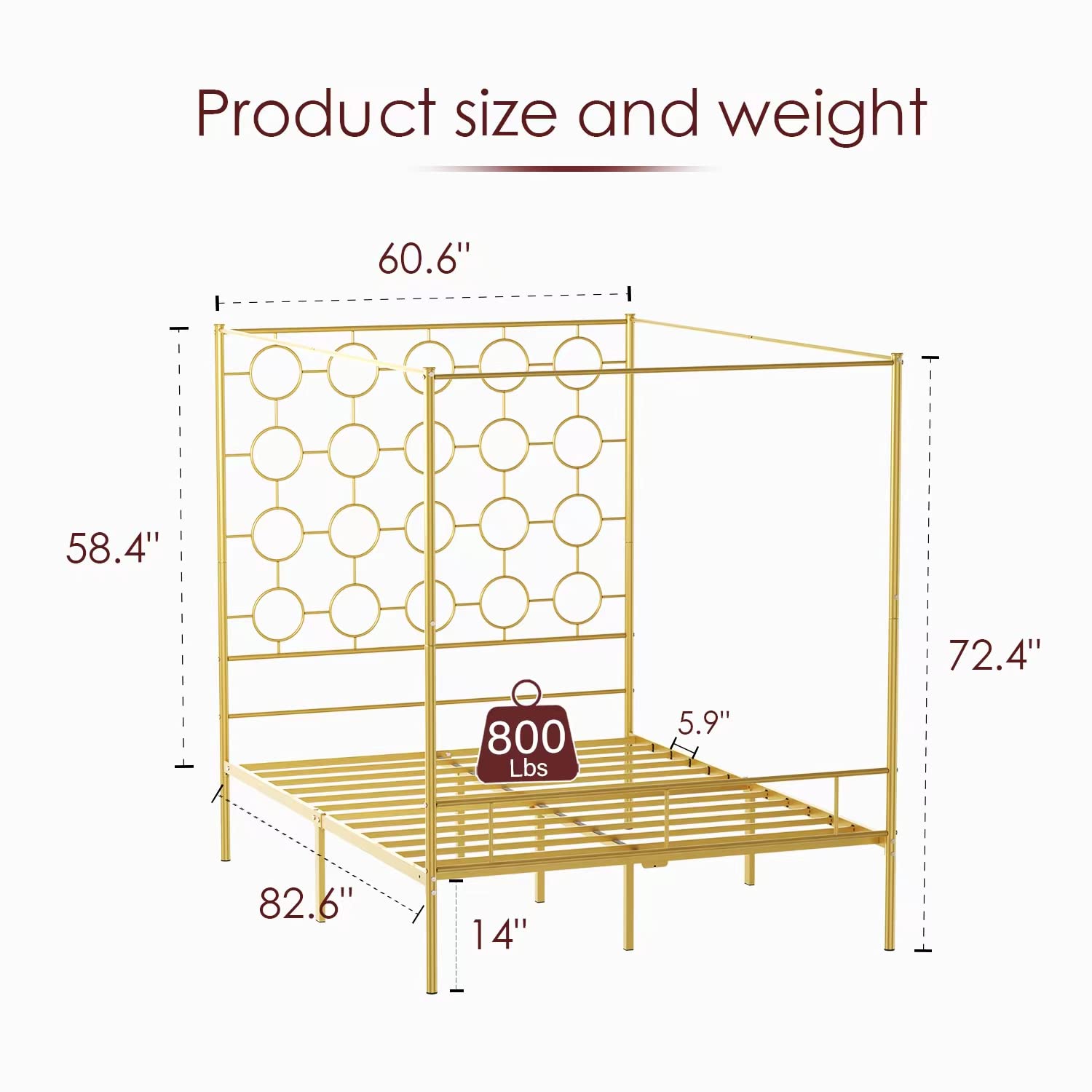 PAUKIN Gold Metal Canopy Bed Frame Queen/Mattress Foundation with Steel Slat Support/No Box Spring Needed/Easy Assembly, Queen