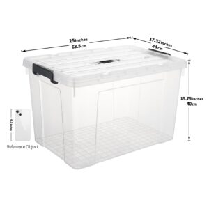 Cetomo Lidded Storage Bin with Handle, Tote Organizing Container with Wheels, Lid and Secure Latching Buckles, Stackable and Nestable, Plastic, 95 Quart-6 Pack, Clear